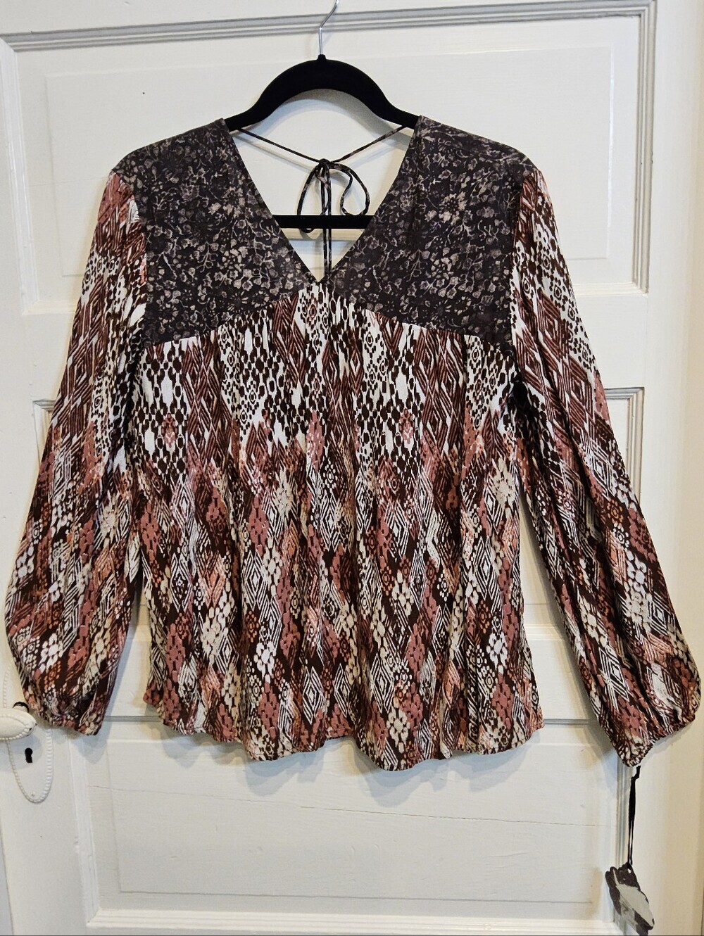 Knox Rose Brown Woven V-Neck Mixed Print Long-Sleeve Top Size S